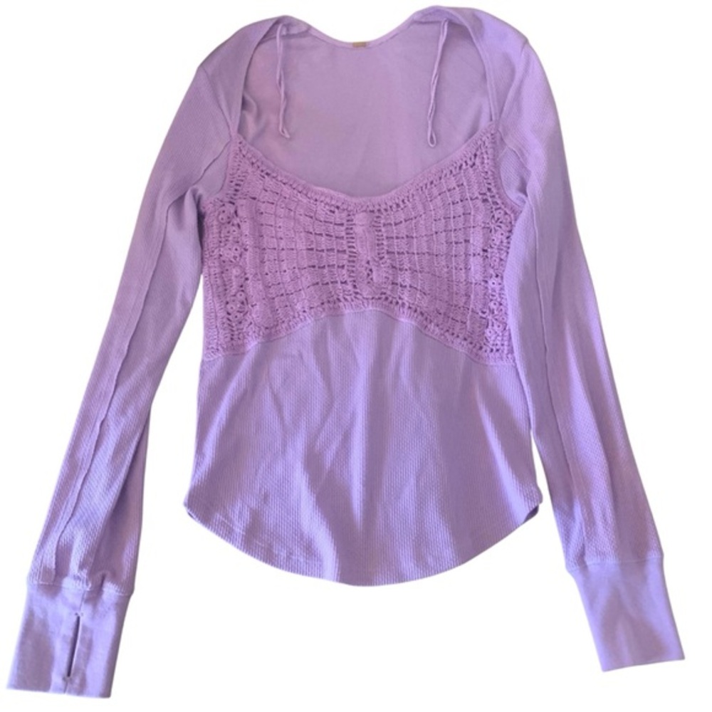 Free People Butterfly Dreams Top Women S Lilac Crochet Thermal Waffle Knit Y2K